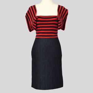 DKNY Women's Striped Top-Denim Bottom Sheath Dress Blue / Red Size 0